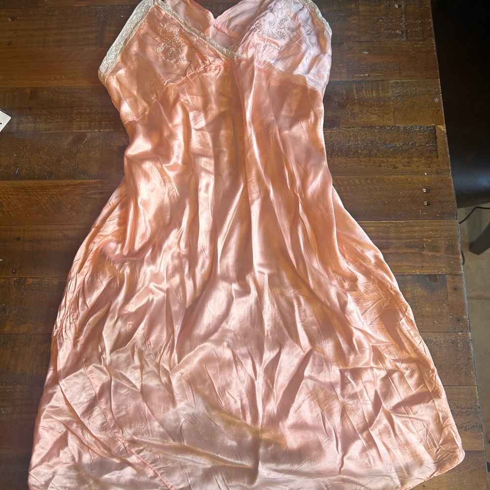 Elegant Embroidered Peach Satin Slip Dress